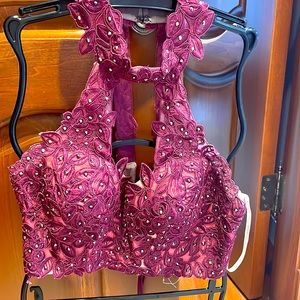 Two piece Faviana halter neck formal dress plum